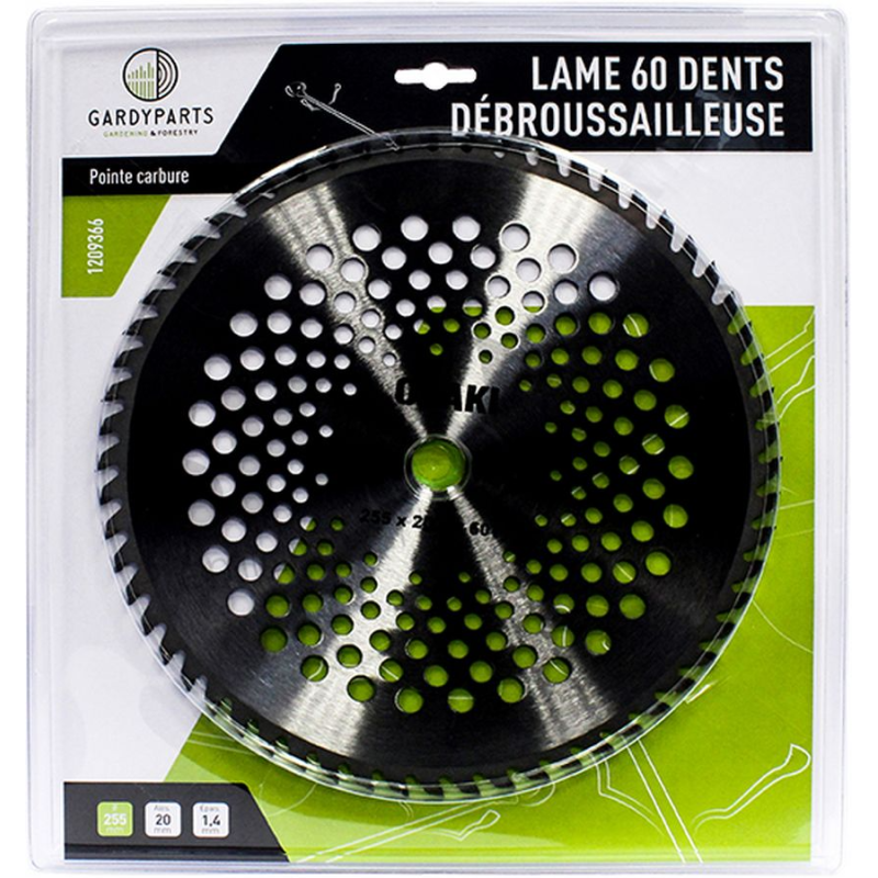Lame 60 dents à pointe carbure 255x1.4mm alésage 20mm pour débroussailleuse. de chez   au prix de  26,89 €