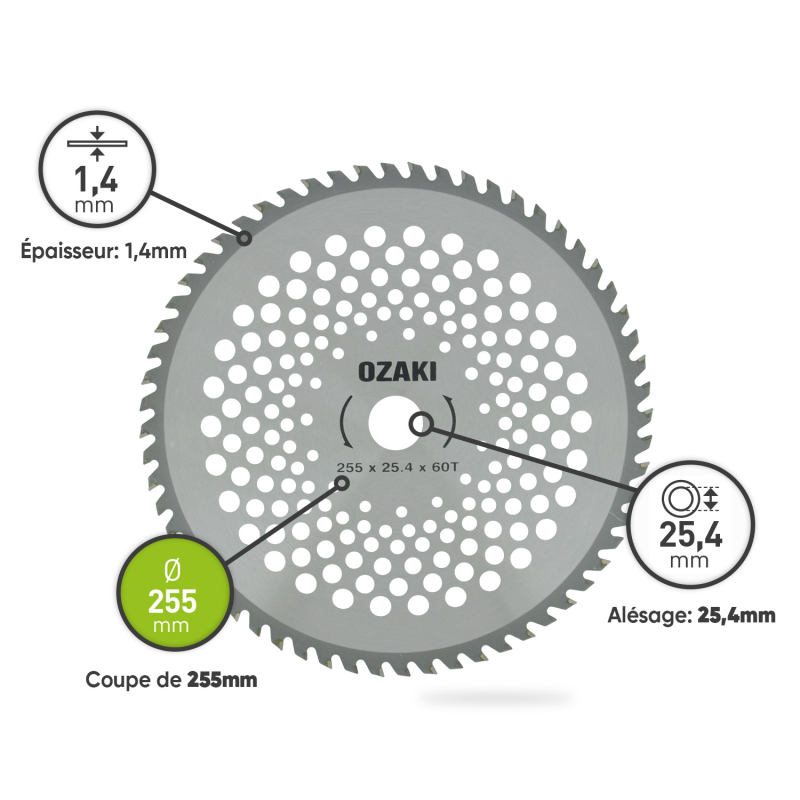 Lame 60 dents à pointe carbure 255x1.4mm alésage 25.4mm pour débroussailleuse. de chez   au prix de  15,69 €